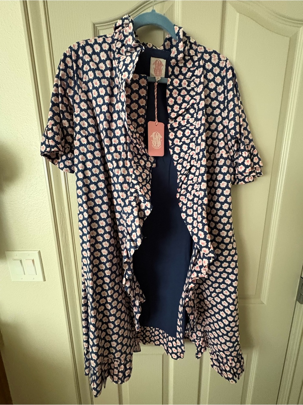 Elizabeth Wilson BNWT Navy Midi wrap Dress with Pink Floral Print and belt xs - Picture 2 of 3